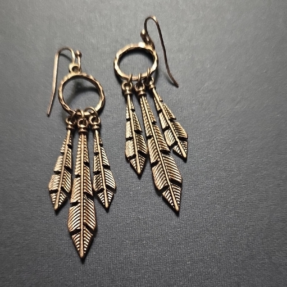 Feather Dangle Earrings, metal